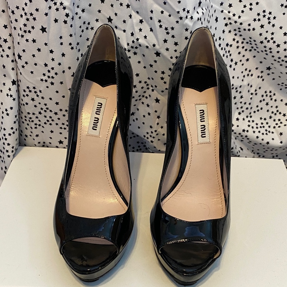 Miu Miu Black Patent Leather Stiletto Heels with Peep-Toe Design